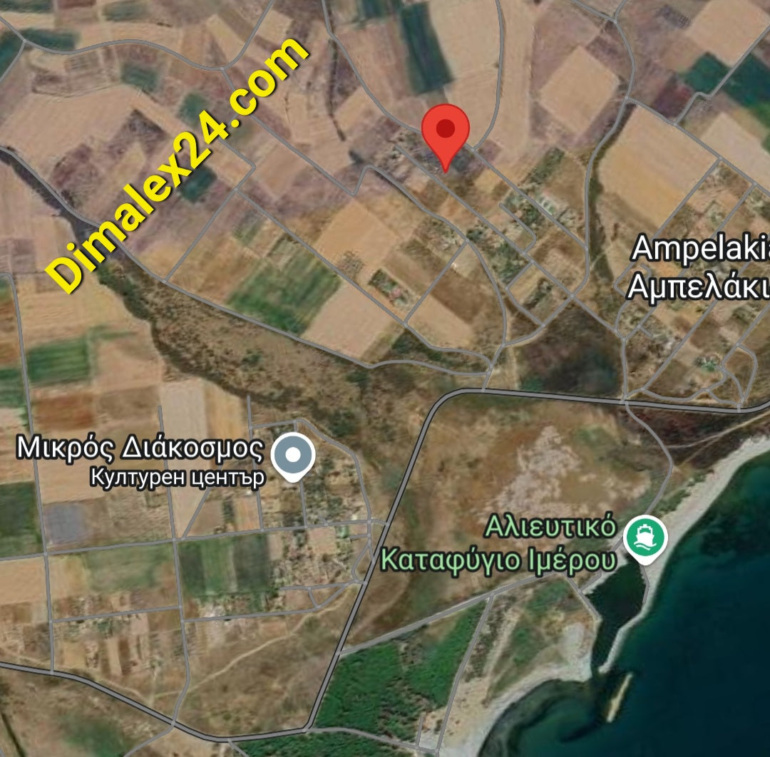 Карта на Ампелакия, област Родопи, с локализация на парцел за недвижими имоти в Гърция близо до пристанището на Имерос.