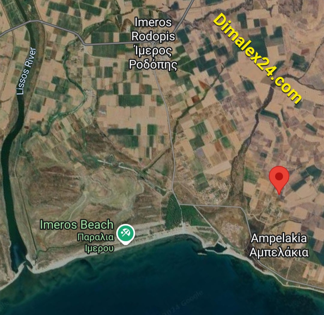 Карта на Ампелакия, област Родопи в Гърция с близост до Имерос Beach и маркер на парцела.