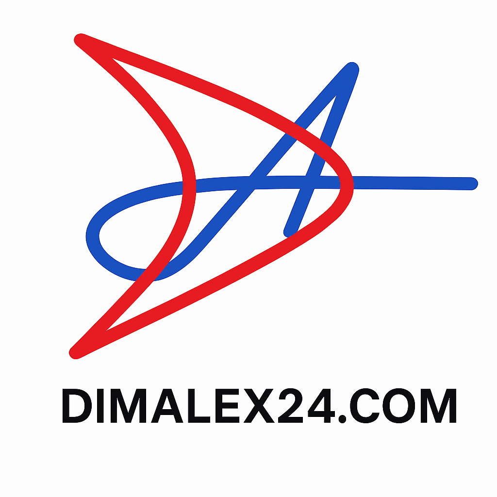 Лого на Dimalex24.com с цветни букви и графичен елемент.