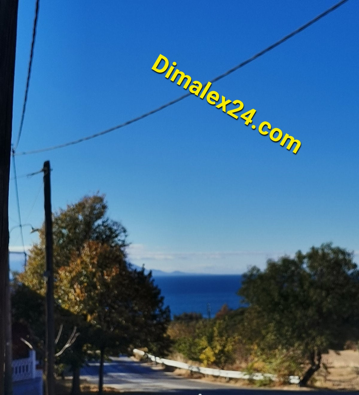 Scenic view of the sea with clear blue sky and trees, featuring Dimalex24.com logo.