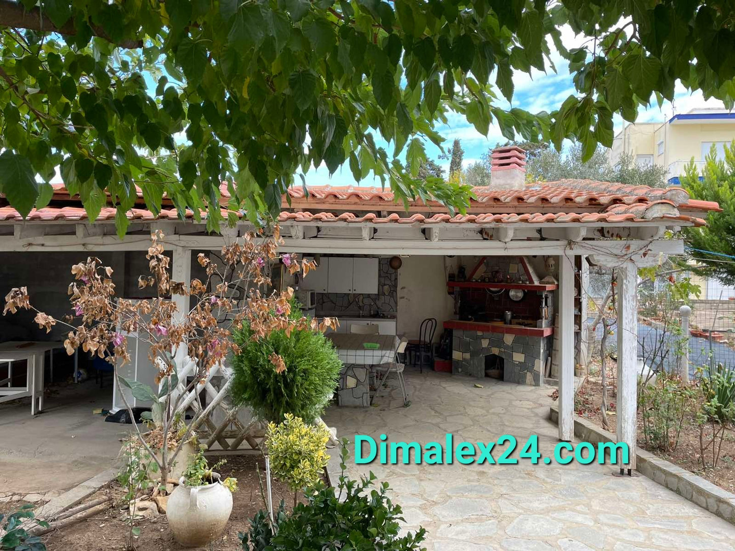 Exterior view of a charming house in Ksilygani, Northern Greece, featuring an outdoor BBQ area and garden.