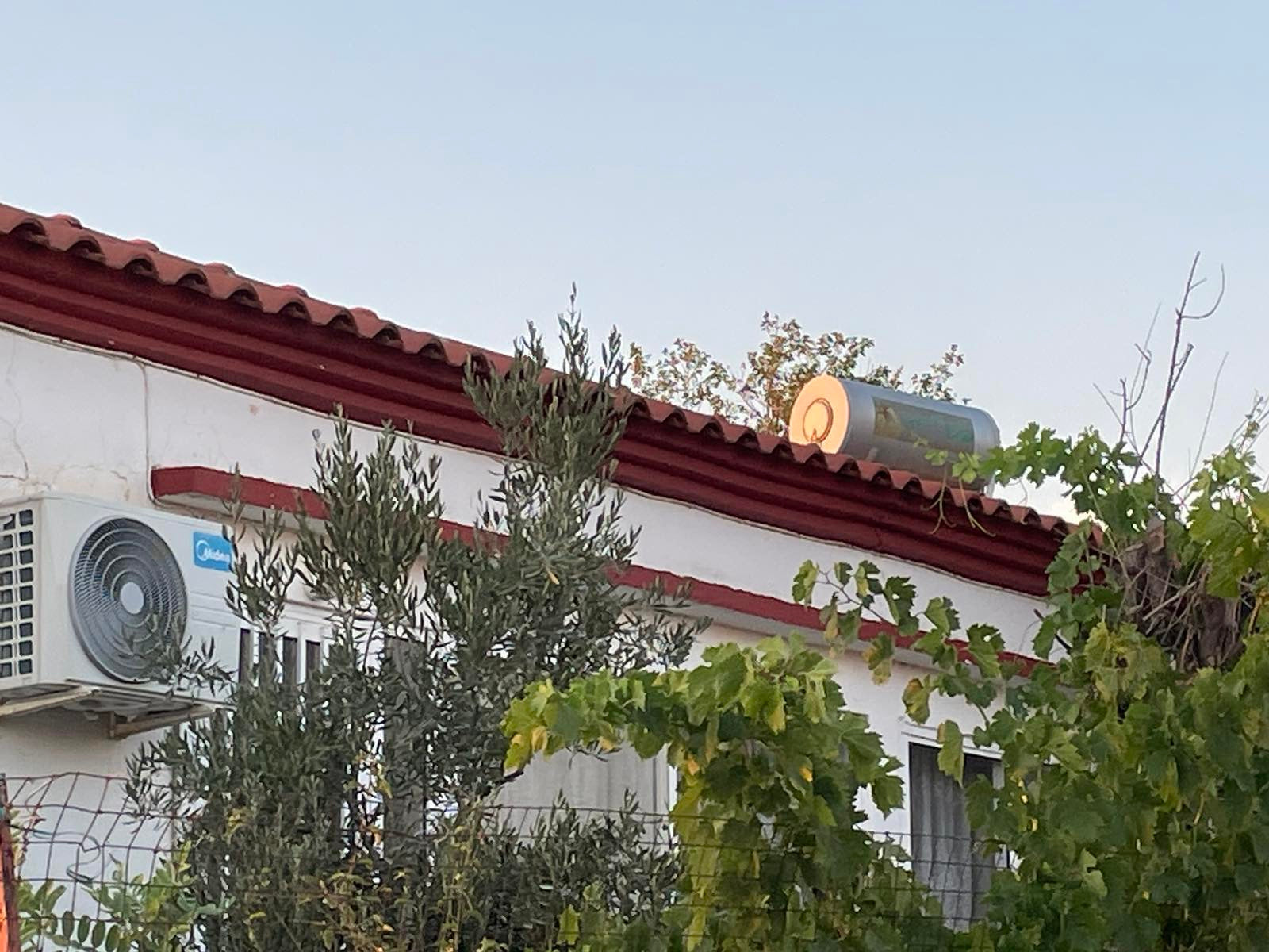 Roof of a house in Greece with solar water heater and greenery, showcasing low-cost real estate options.