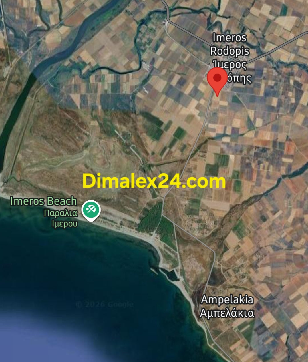 Карта с локация на парцел в Северна Гърция, област Родопи, Имерос на километър от плажа.