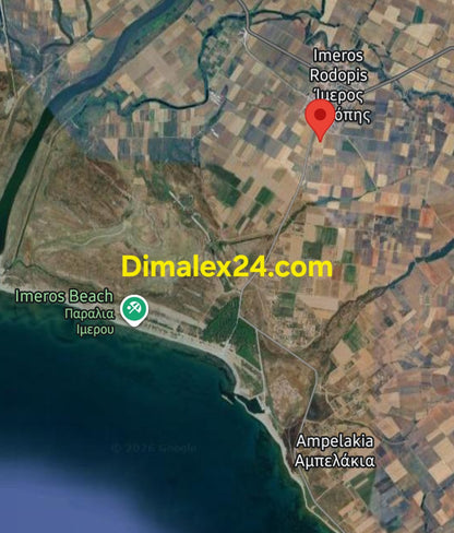 Карта с локация на парцел в област Родопи, Северна Гърция, Имерос. На един километър от плажа и пристанището на имерос.