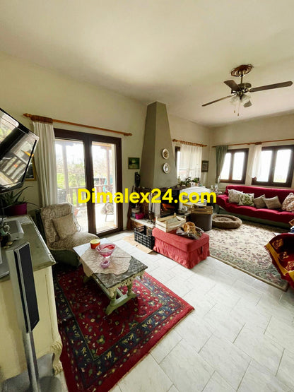 Всекидневна с камина  и телевизионен кът, имот в Марония, Северна Гърция.