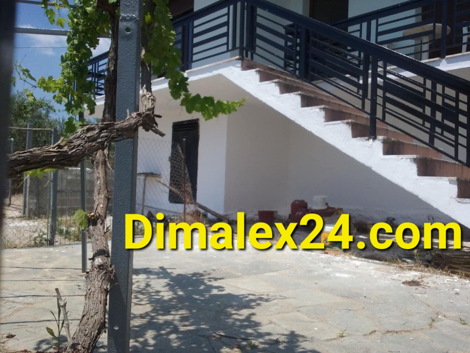 Exterior view of a house in Greece with a staircase and vine plants, ideal for peaceful living.
