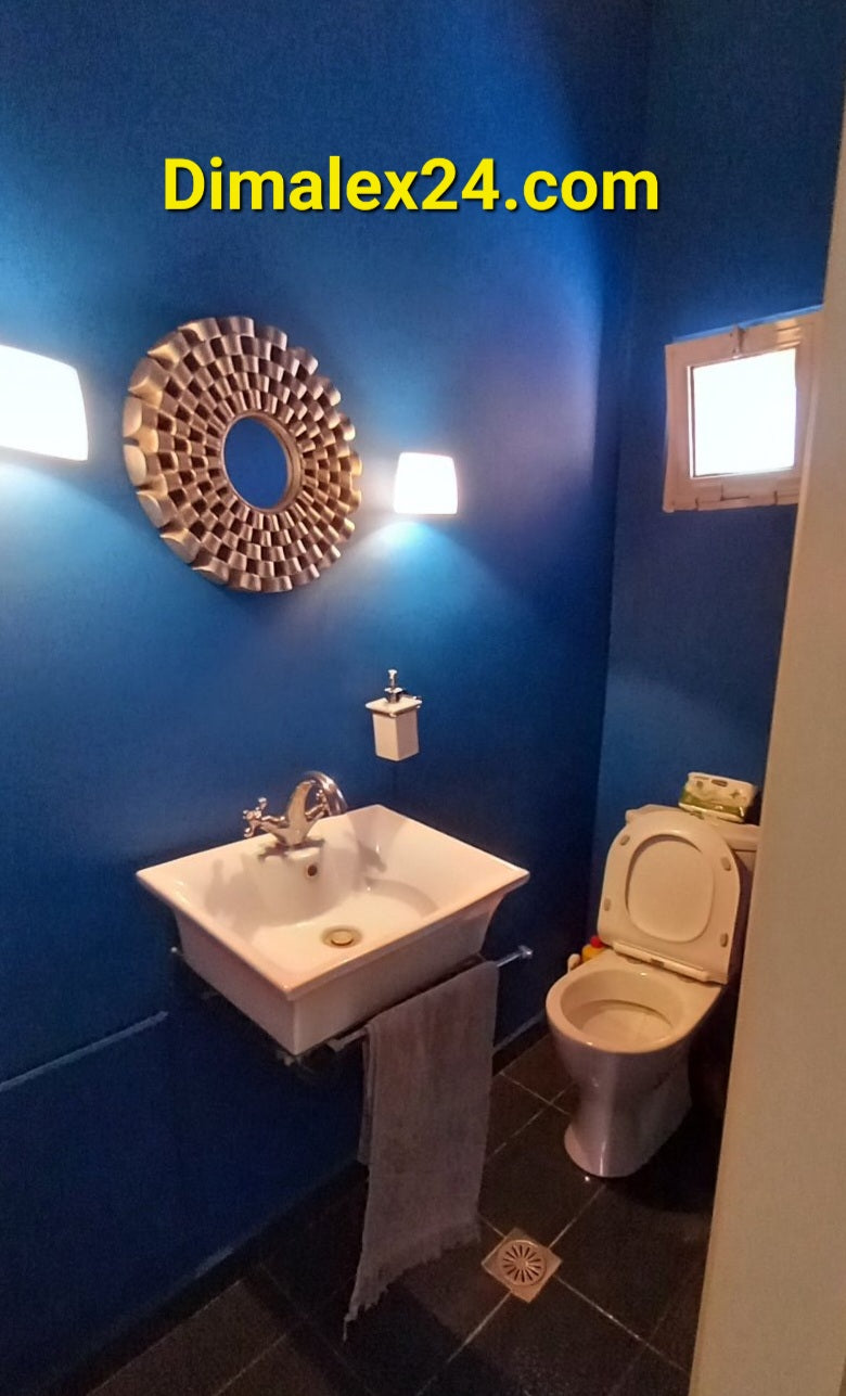 Modern bathroom with blue walls, stylish mirror, and minimalist sink and toilet.
