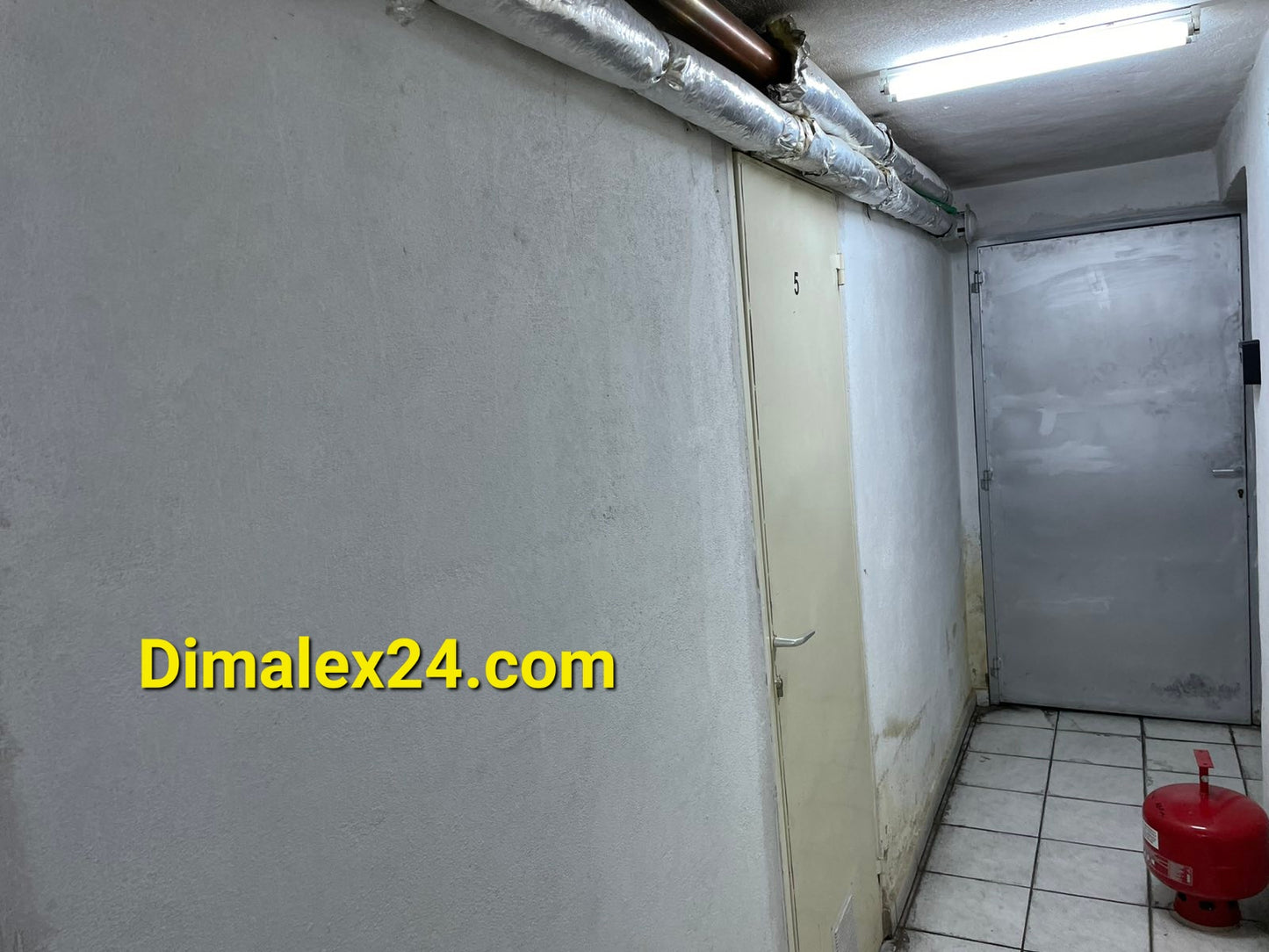 Interior hallway of an apartment building with tiled floor and metal door.