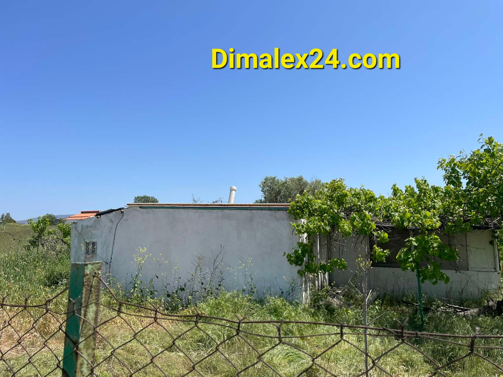 Old building with greenery near fence, showcasing potential for development in a rural area.