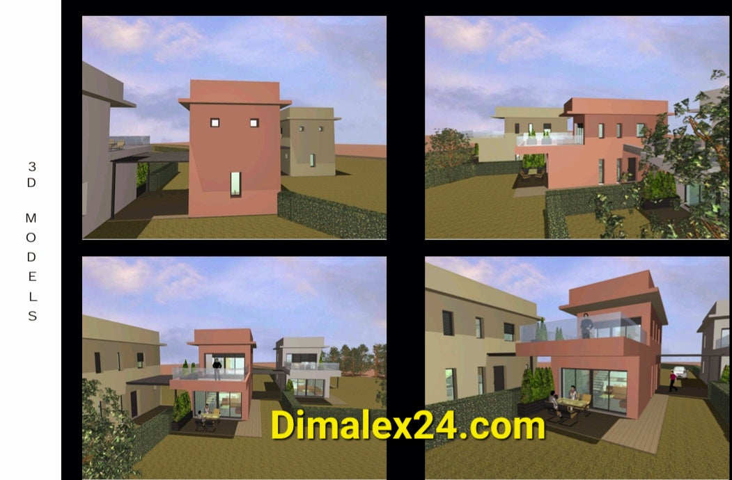 3D модели на сгради на парцел в Гърция, област Родопи, с проекти за строеж и лице на имота.