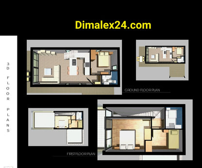 3D планове за строеж на имот, включващи етажни планове и оформление на помещения.