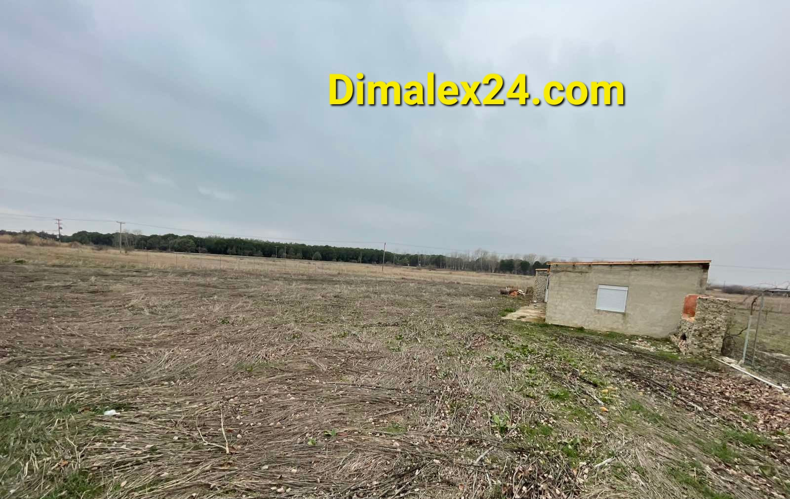 View of a spacious land plot with a small building in the foreground, ideal for investment in Northern Greece.